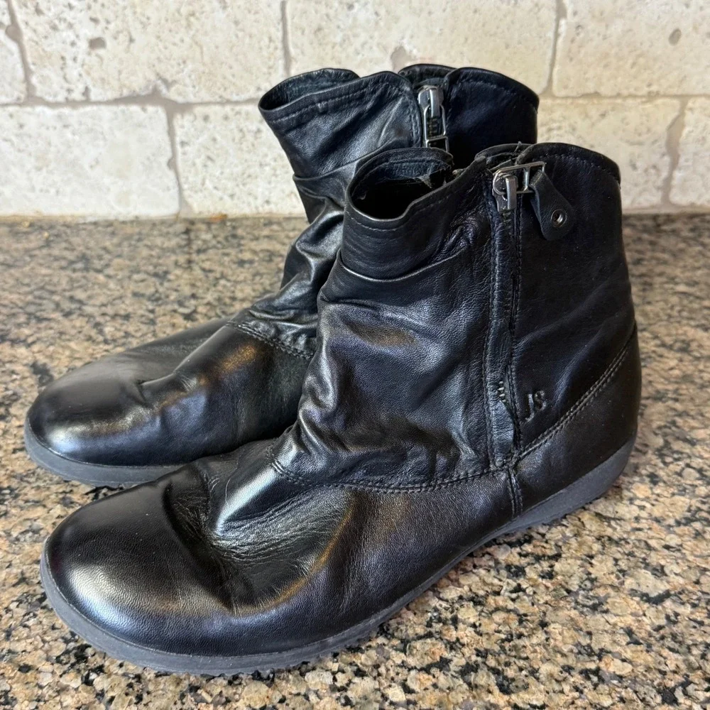 Josef‎ Seibel Black Leather Ankle Boots Side Zip Women's Booties Sz 38 Us 7